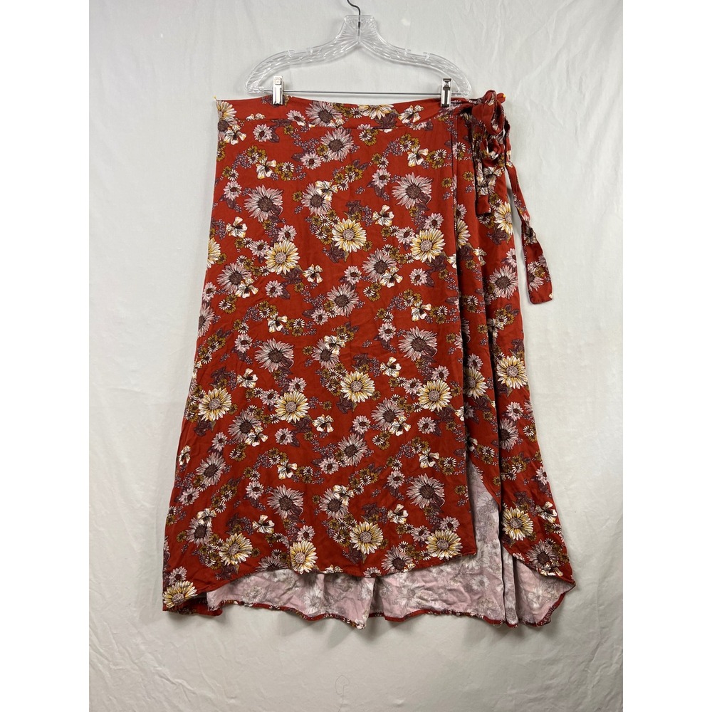 Maurices Wrap Skirt Women 2X Rust Orange Floral Sunflower High Low Maxi Rayon